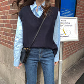 Suéter liso con cuello en V y chaleco de punto